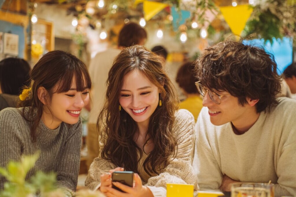 スマホを見ながら数人で談笑している男女