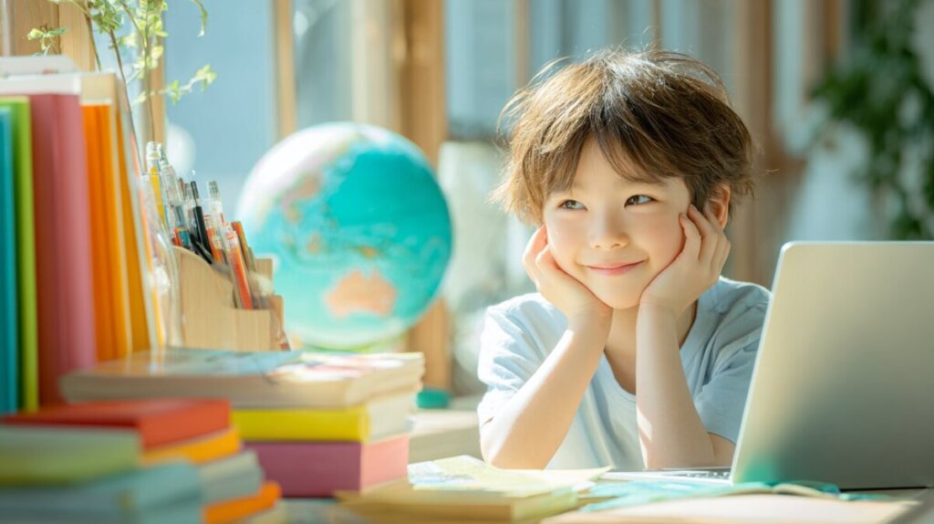 男の子がパソコンに向かって勉強をしている様子