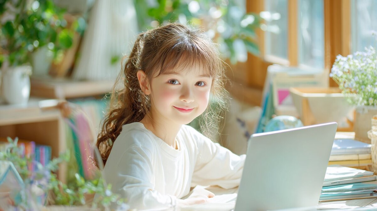 女の子がパソコンに向かって勉強をしている様子