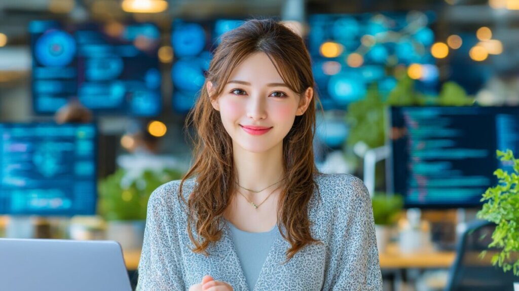 1笑顔の女性がオフィスでパソコンに向かっている