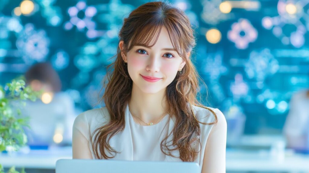 1笑顔の女性がオフィスでパソコンに向かっている