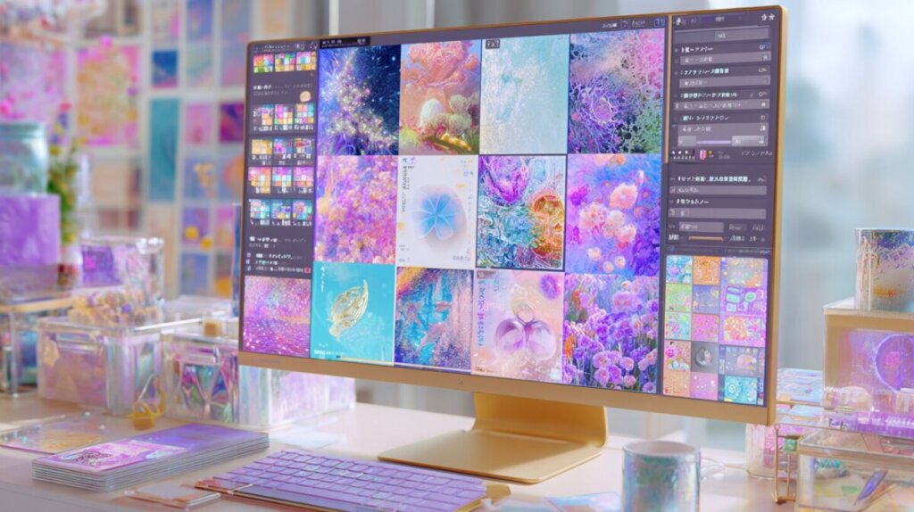 デスクトップパソコンでたくさんの画像を開いている様子