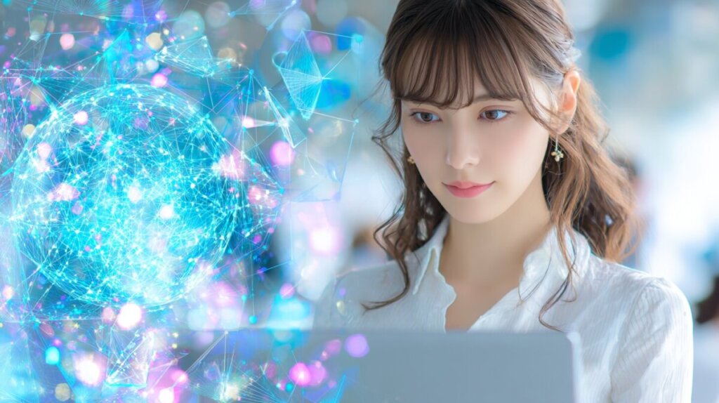 ノートパソコンを見ながら考えている女性