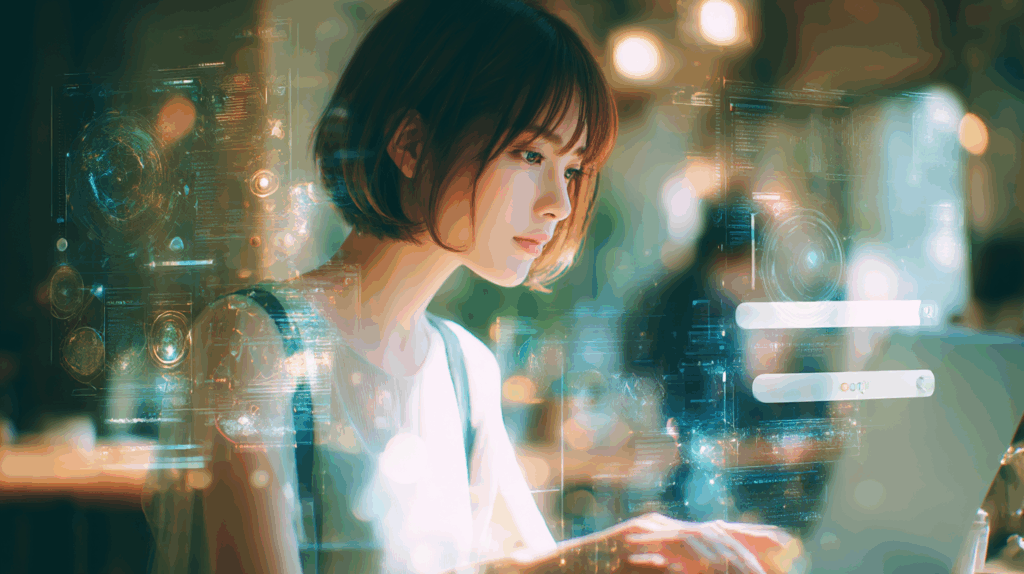 ノートパソコンを見て仕事をしているボブヘアの女性
