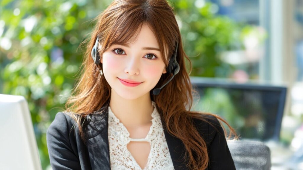 1サポート。笑顔の女性がオフィスでパソコンに向かっている