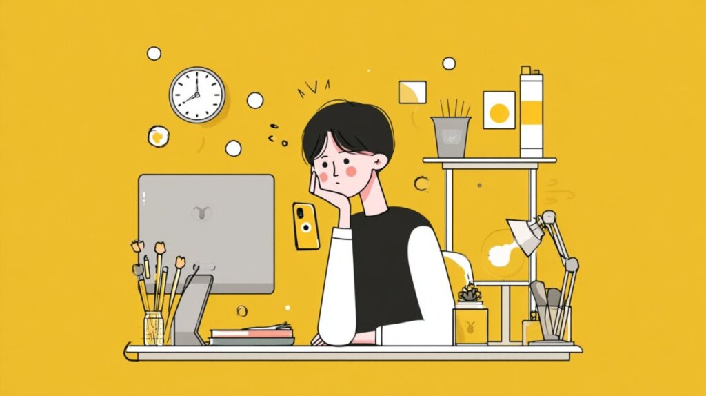 パソコンを見ながら考えている男性のイラスト