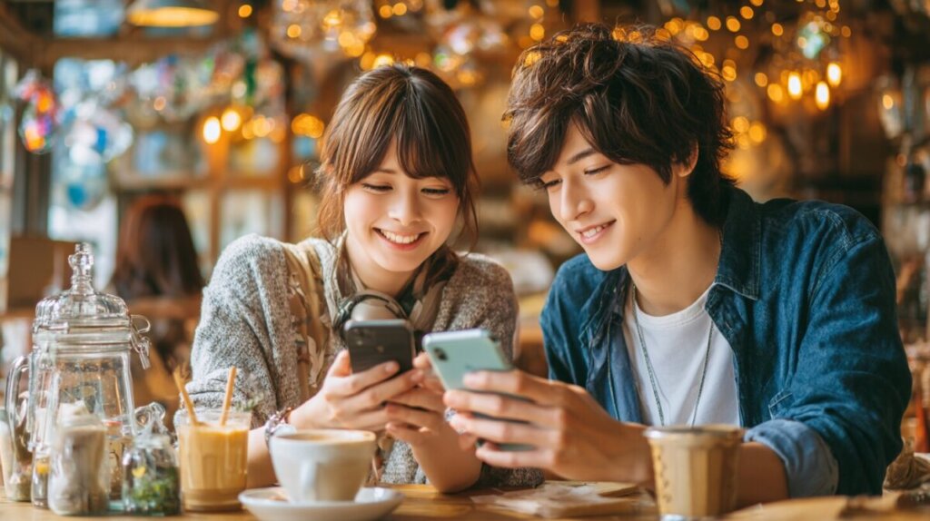 カフェでスマホを見て談笑している男女