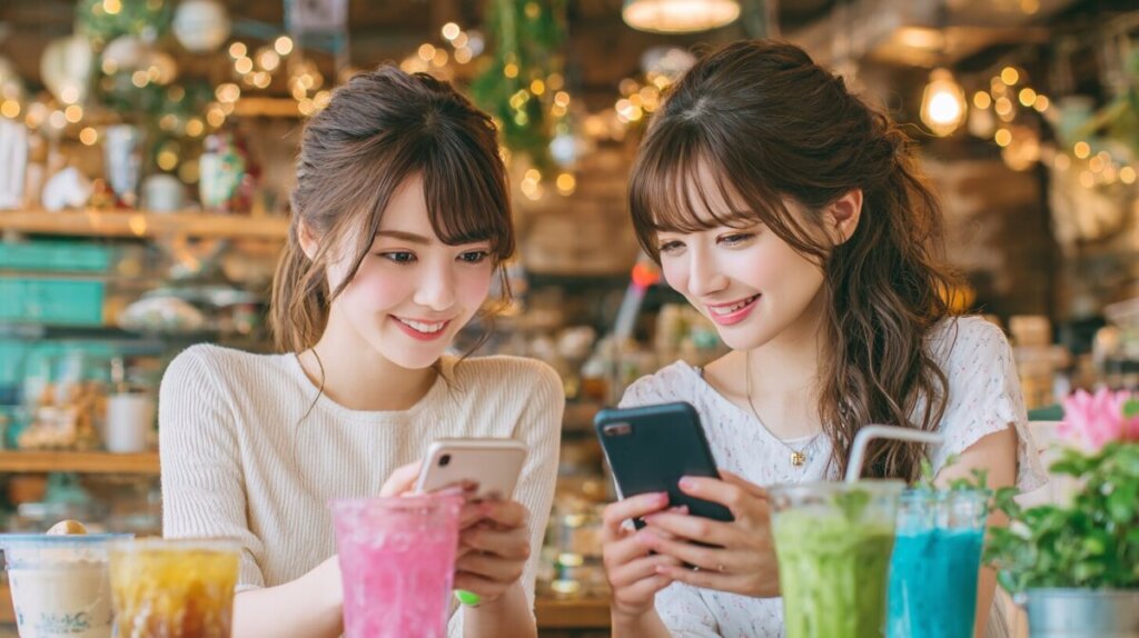 カフェでスマホを見て談笑している女性