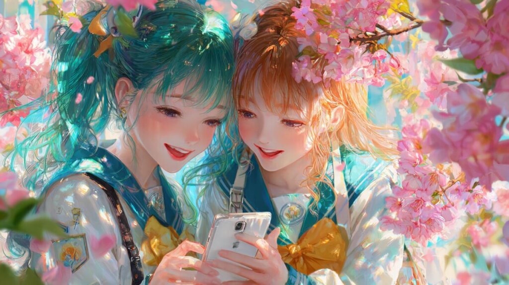 スマホを見て喜んでいる女性二人