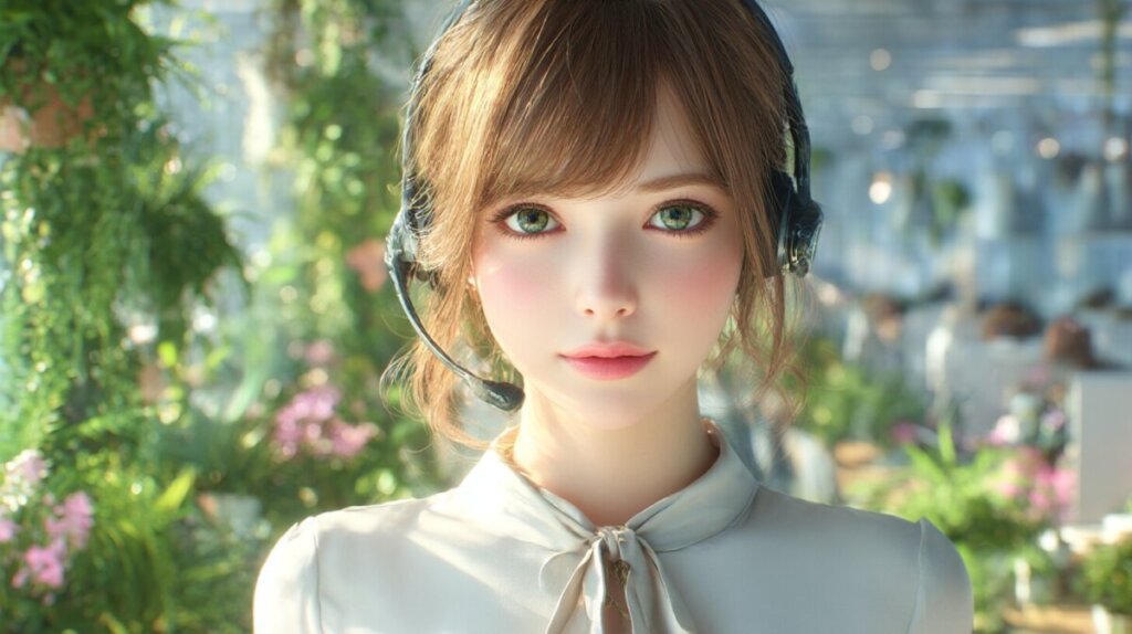 サポート。笑顔の女性がオフィスでパソコンに向かっている