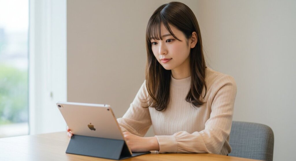 iPadを使っている女性のAI画像