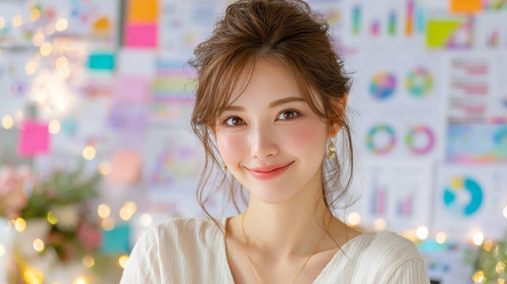 白い服を着た女性が微笑みながらパソコンを操作している様子のAIイラスト画像