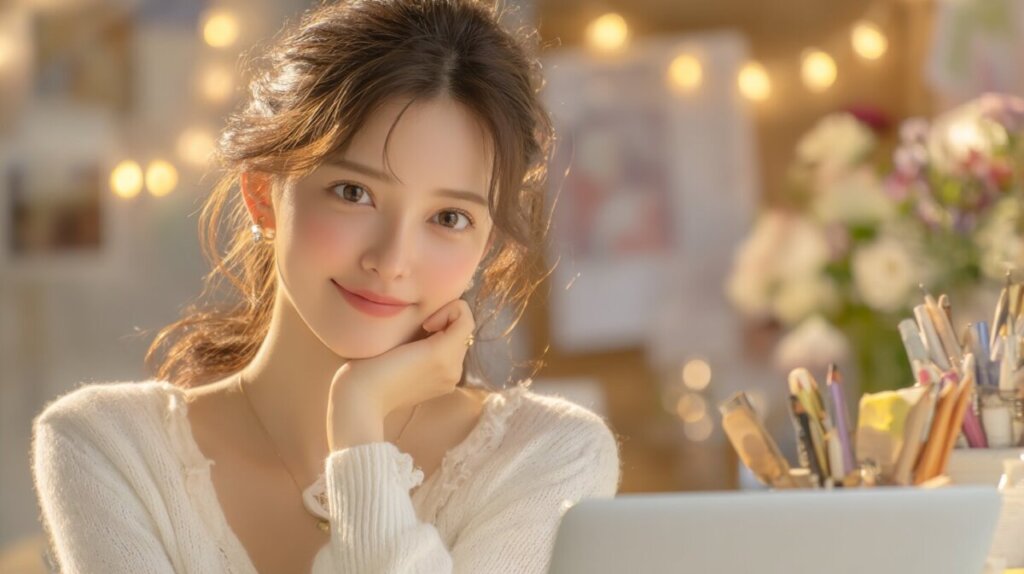 白い服を着た女性が微笑みながらパソコンを操作している様子のAIイラスト画像