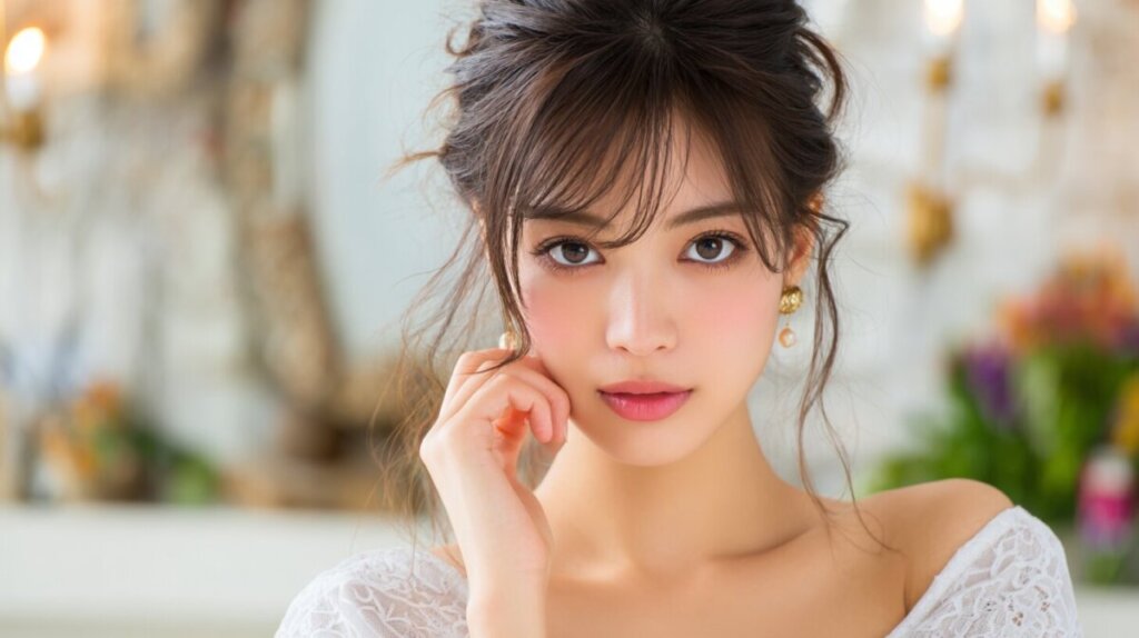 こちらを見て考えている様子の女性のAI画像