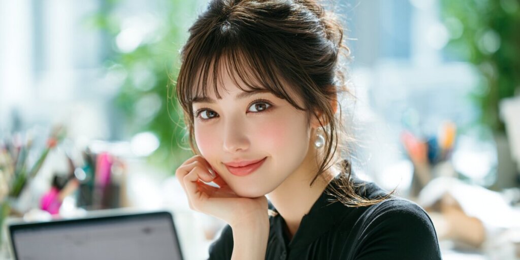 パソコンをみながら微笑んでいる女性のAI画像