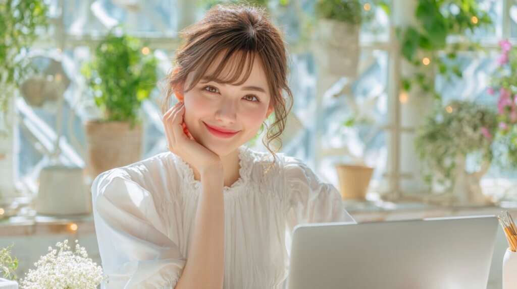 パソコンをしながらこちらを見ている女性