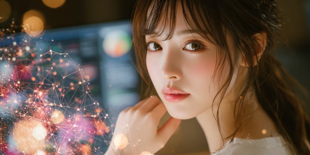パソコンの前で思索している女性のAI画像