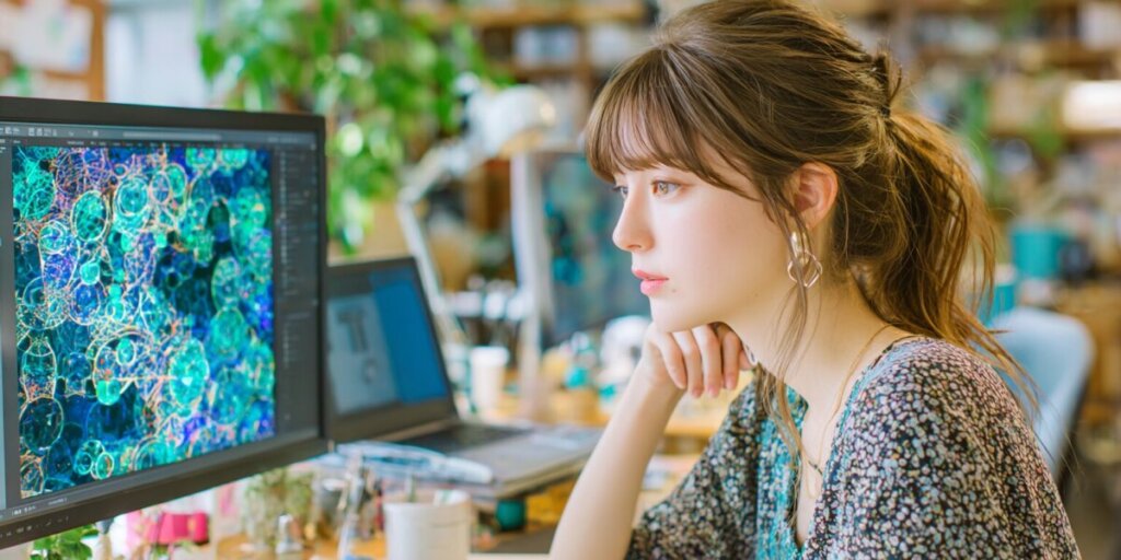 パソコンに向かっている女性