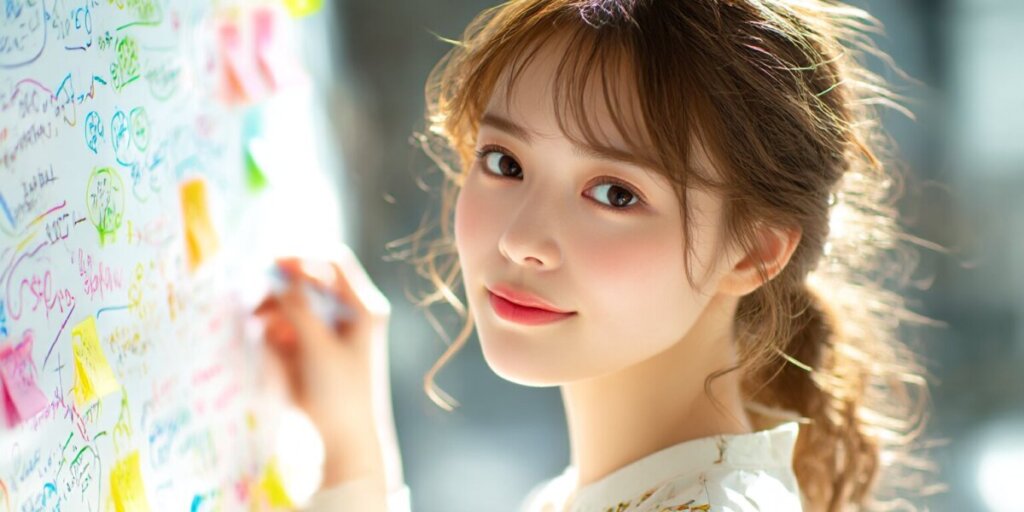 ホワイトボードに書いている女性