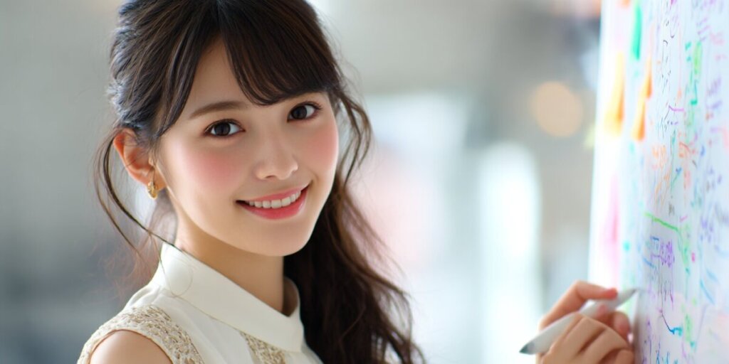 ホワイトボードに書いている女性