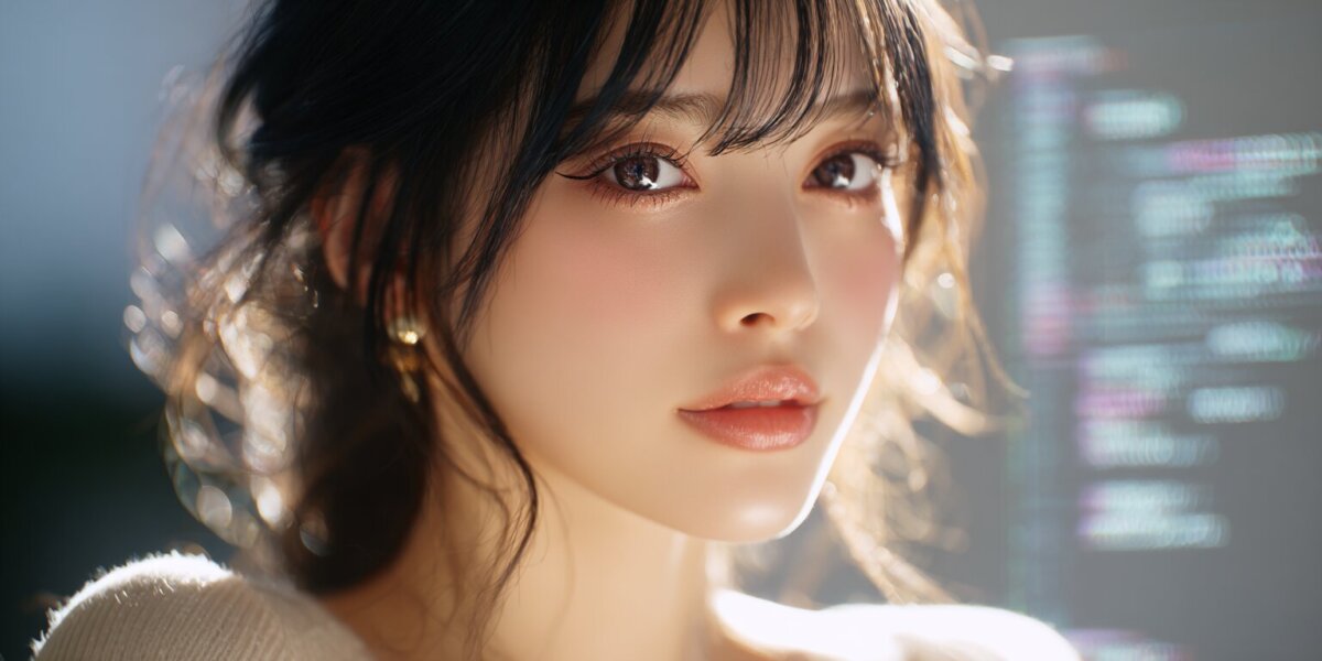 パソコンの前で思索している女性のAI画像