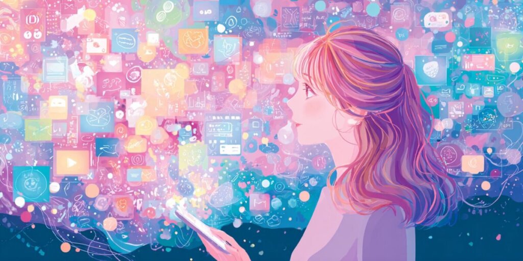 スマホを見ながら想像している女性のAIイラスト画像