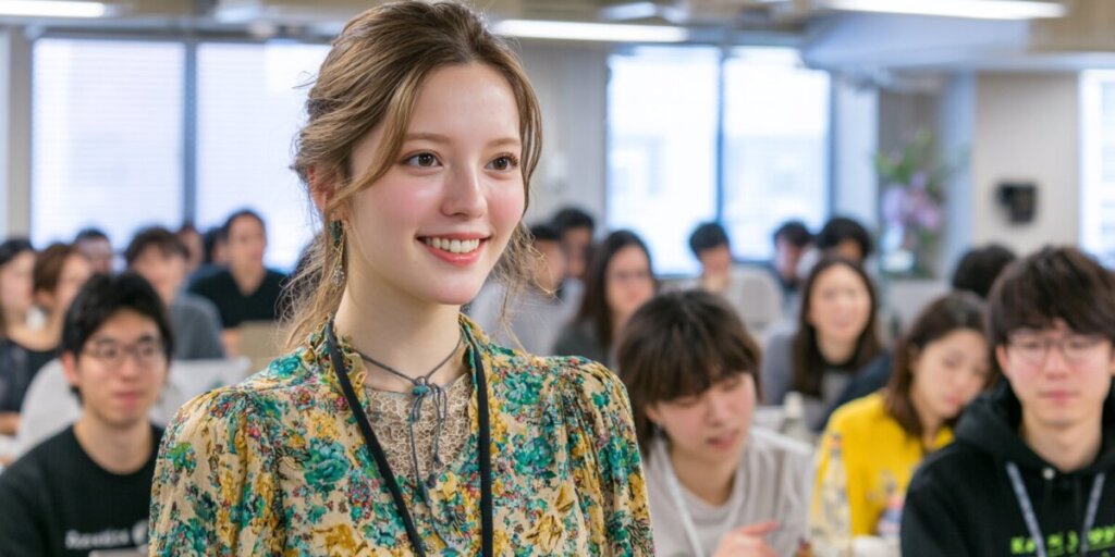 大勢の前で立って発表している女性のAI画像