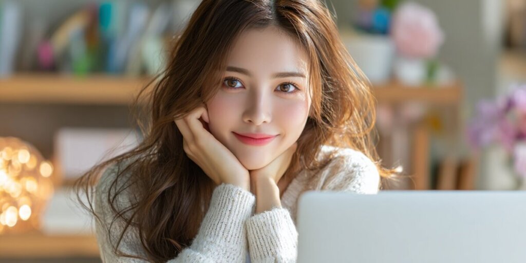 パソコンの前で微笑んでいる女性のAI画像