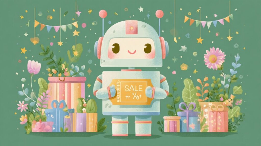 AIロボットがセール情報を比較しているAIイラスト画像