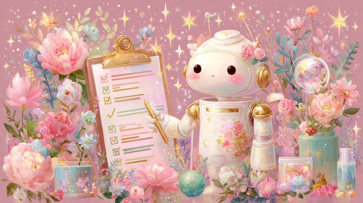 AIロボットがチェック表で確認をしている様子のAIイラスト画像