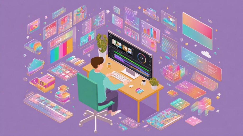 パソコンに向かって作業をしている男性のイラストAI画像