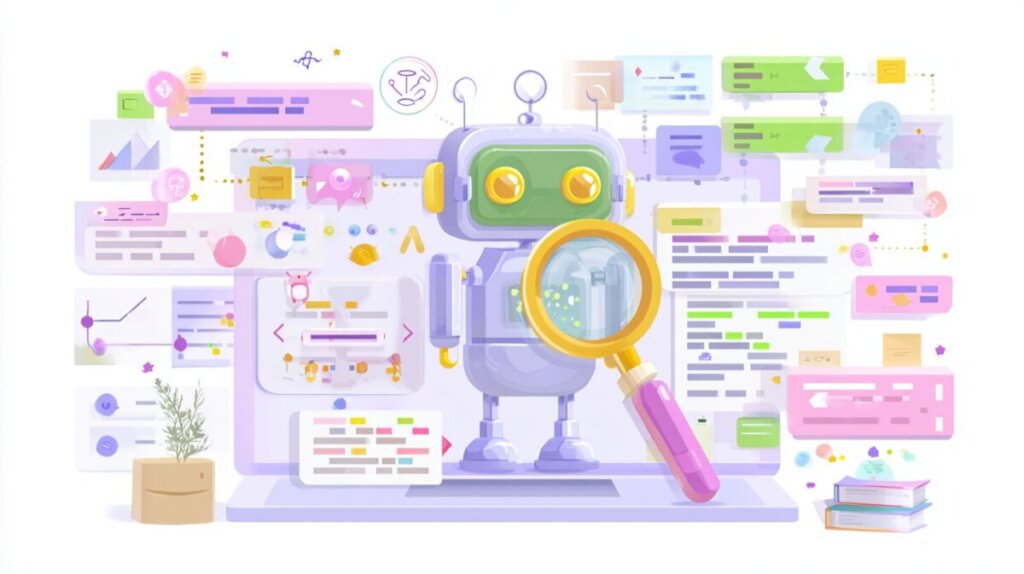 AIのロボットが検索をしている様子のAIイラスト画像