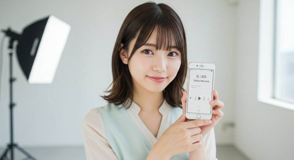 ボイスメモのためiPhoneを持っている女性
