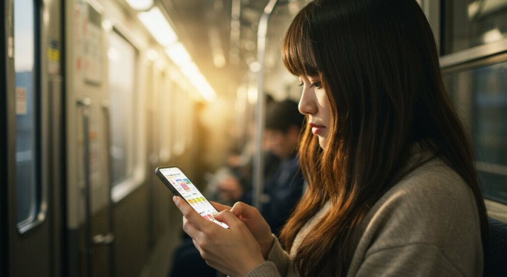 スマホを見ている女性｜ChatGPT Pulse｜朝のAIブリーフを最速で使いこなす！通知・連携・パーソナライズ設定完全ガイド