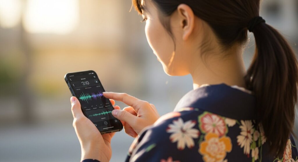 スマホを触っている着物をきた女性のAI画像