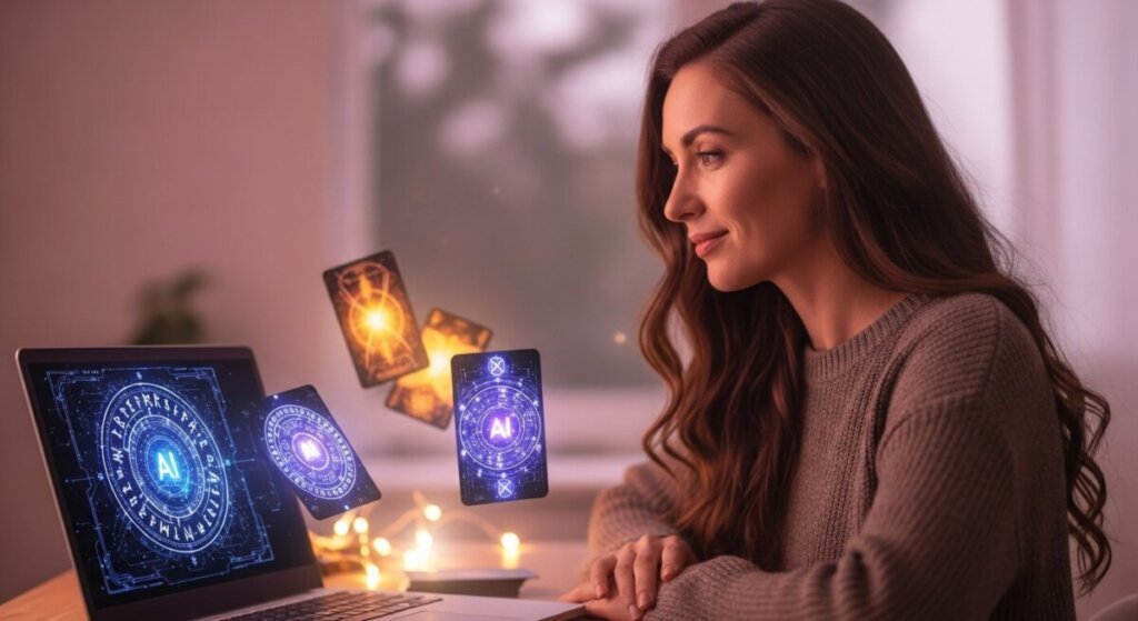 AI占いの副業をする女性のAIイラスト