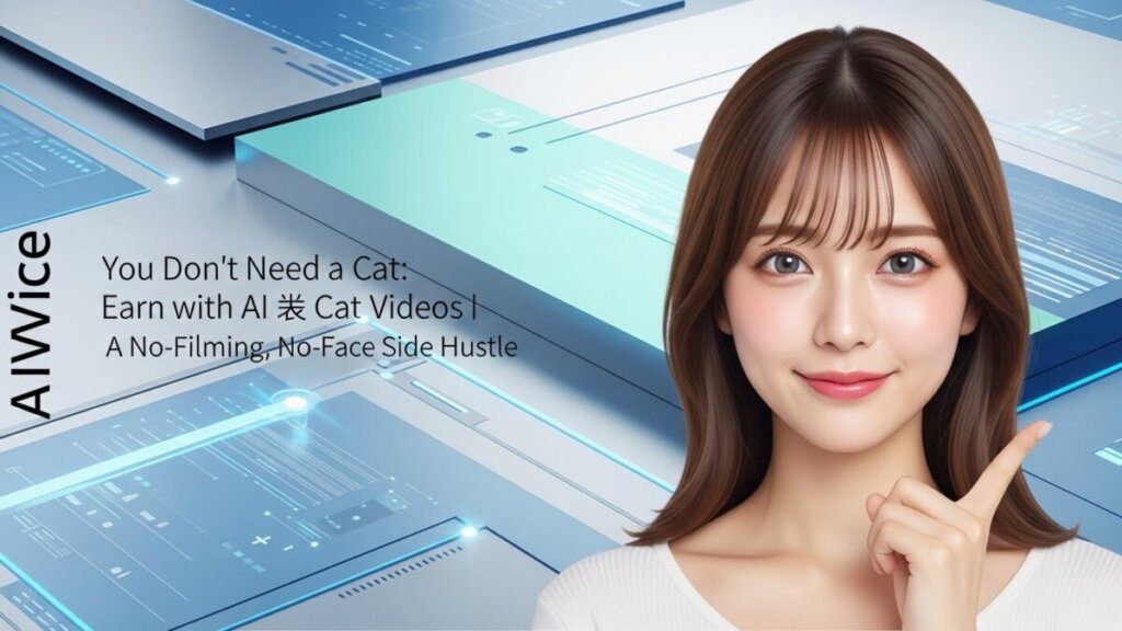 飼ってなくてもOK。AI×猫動画で稼ぐ｜「撮影ゼロ」で始める顔出し不要の副業Modern tech abstract background: clean cool-toned planes, subtle metallic blues, mint, and silver. Minimal UI-like micro-lines and soft glow elements. Background colors reflect themes of AI automation and digital content creation from “You Don’t Need a Cat: Earn with AI × Cat Videos | A No-Filming, No-Face Side Hustle.” Add the English title text in thin minimalist style (no bold, no strong colors): “You Don’t Need a Cat: Earn with AI × Cat Videos | A No-Filming, No-Face Side Hustle” Place softly in open background area, not prominent. AIVice watermark on the LEFT side, opacity 8–12%. No other text. No shadows or reflections. Ultra-real, non-anime.