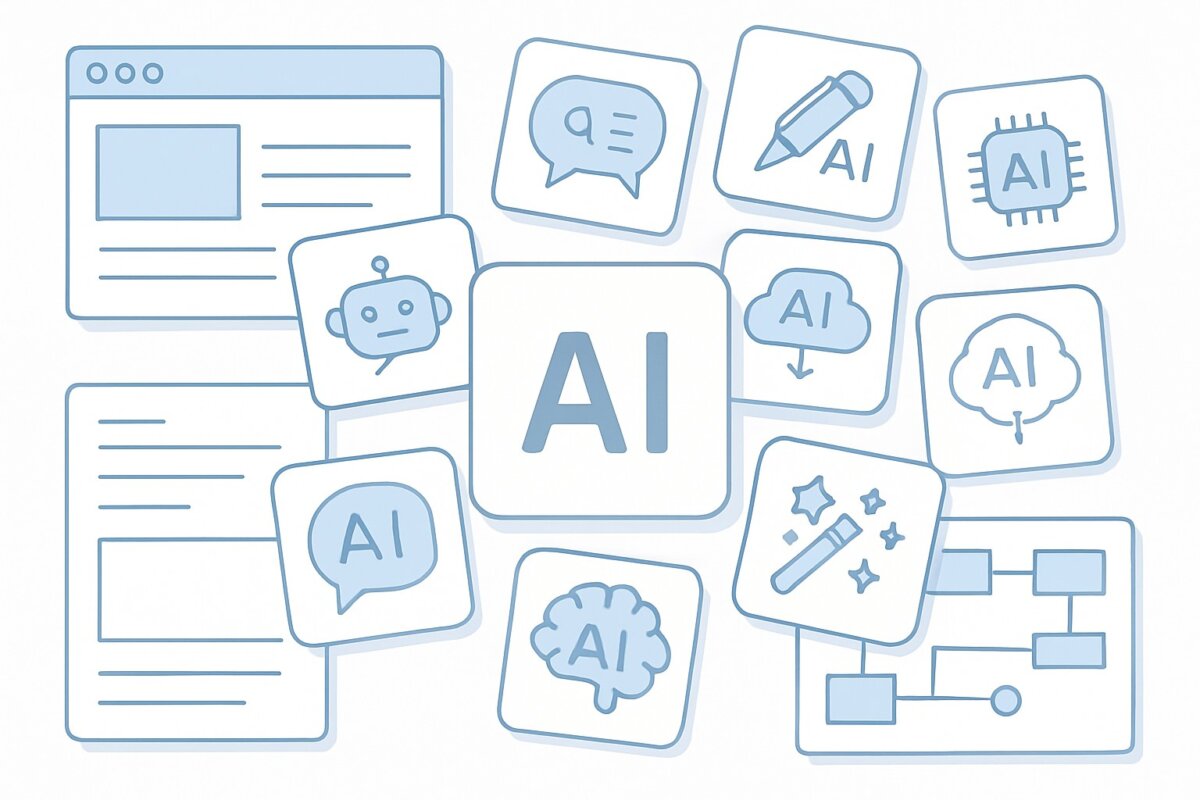複数のAIツールアイコンが散らばるデスク